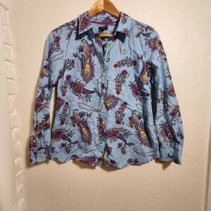 Talbots 100% Cotton Button Down Swirly Paisley Shirt sz PL Purple Blue